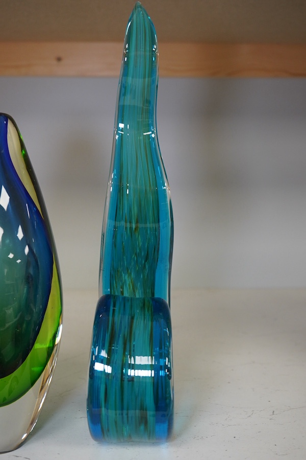 A Murano Sommerso two colour glass vase, 21.5cm high, and a sculptural glass piece, 29cm high. Condition - good.